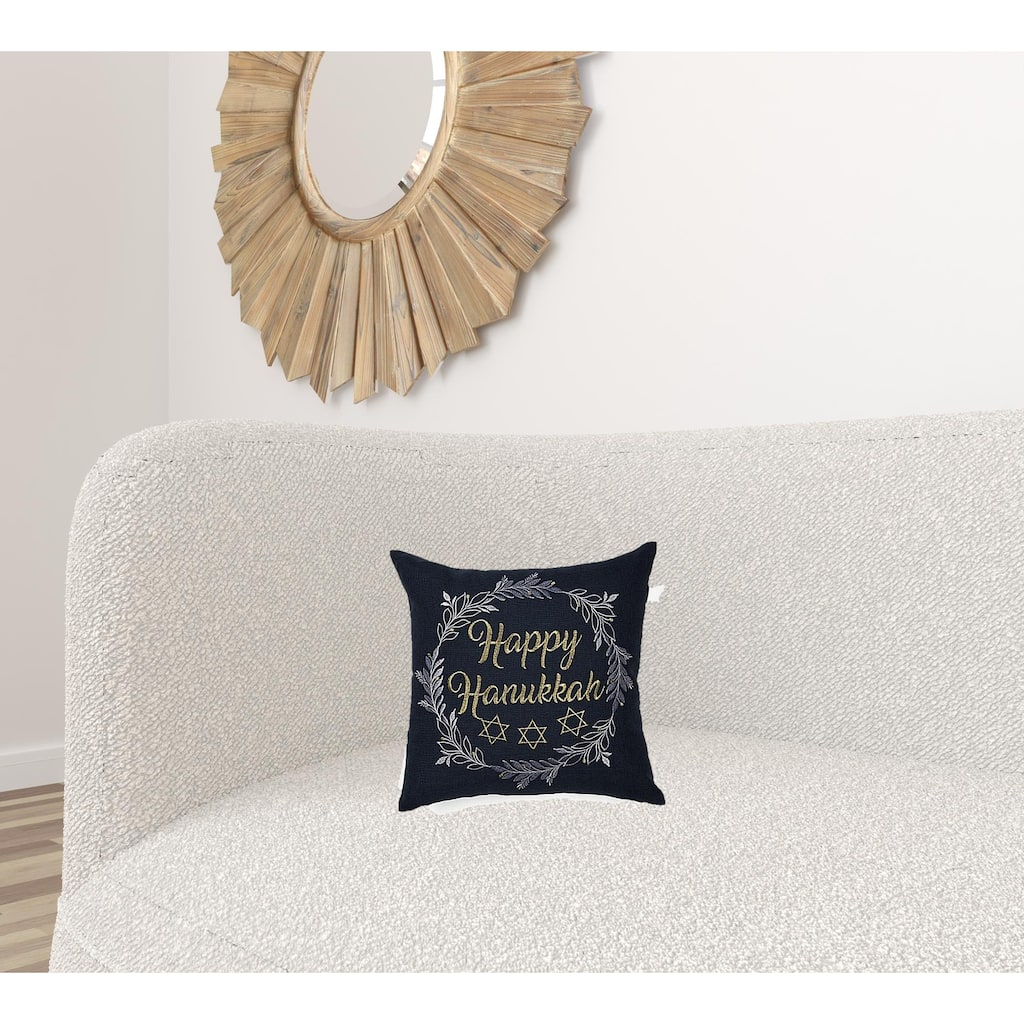 HomeRoots 14" X 14" Black and Gray Hanukkah Polyester Zippered Pillow With Embroidery