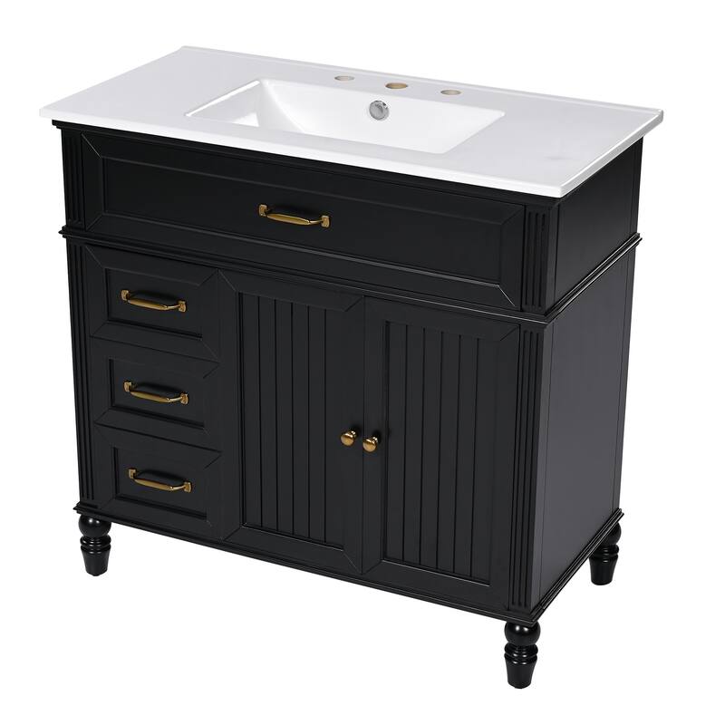 White 36-Inch Bathroom Vanity with Gold Handles, Ample Storage, and Painted Finish
