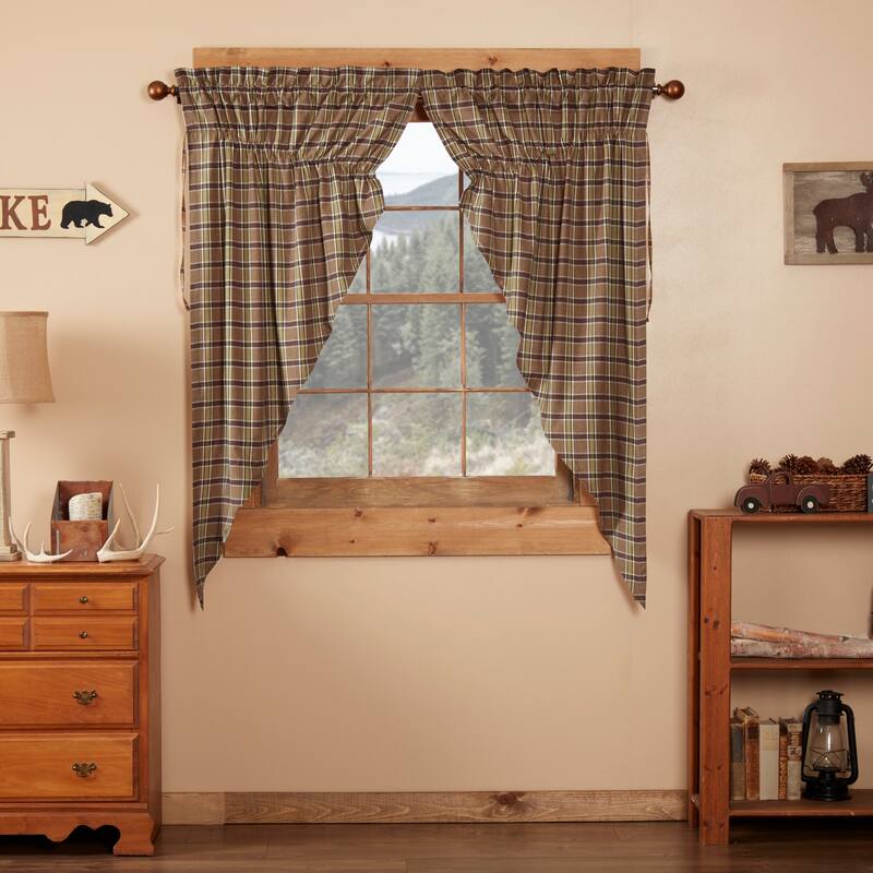 Tan Rustic Curtains VHC Wyatt Prairie Panel Pair Cotton Plaid - 63x36 - Khaki - 63x36 - 63 Inches