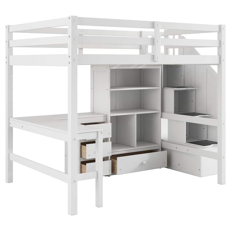 Roomfitters Full Loft Bed with L-Shaped Desk, Cabinet, Storage Staircase and Spacious Workspace