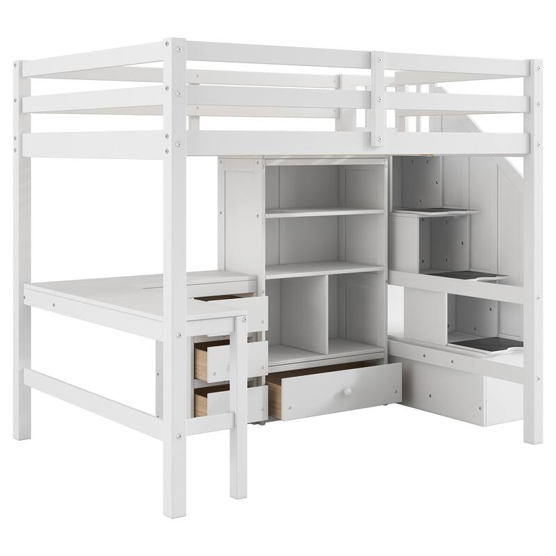 Twin/Full Loft Bed with L-Shaped Desk and Storage Staircase, Multi-Functional Solid Wood Loft Bed Frame with Drawers & Bookcase