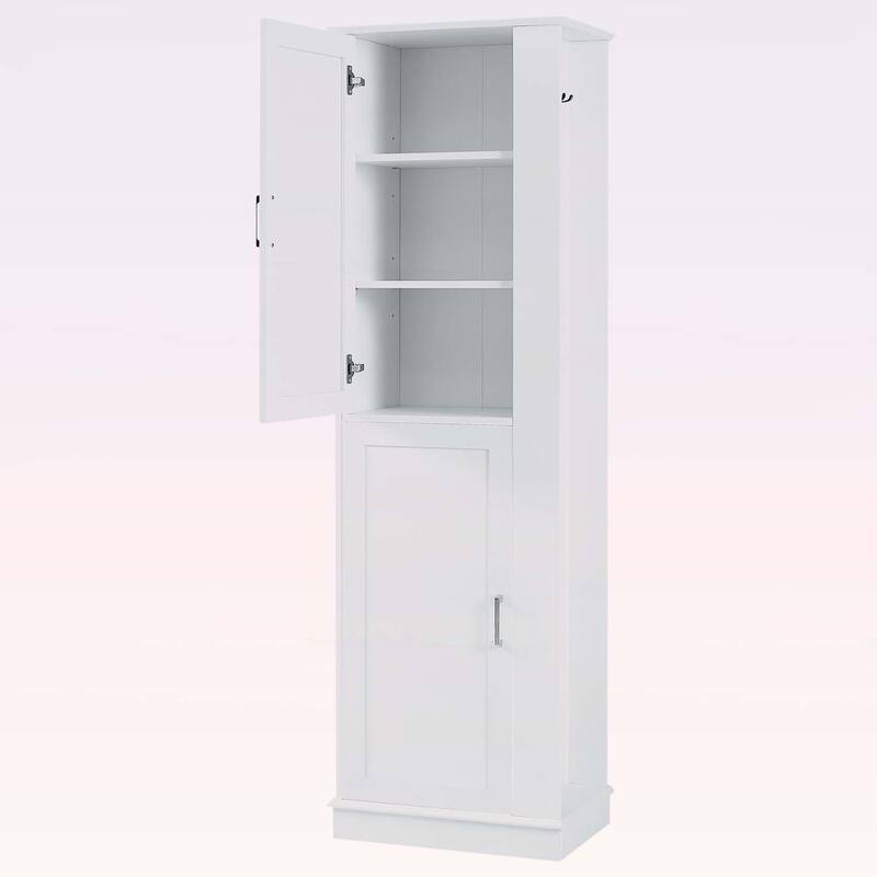 Tall Freestanding Bathroom Storage Cabinet with Adjustable Shelves,Hooks,and Anti-Toppling Device