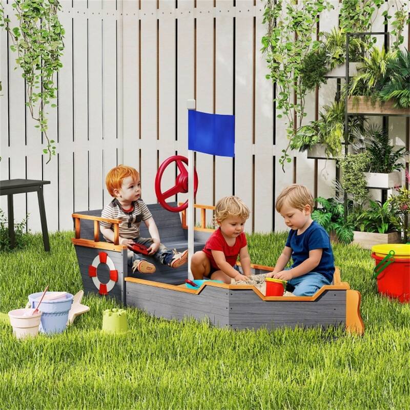 Dark Gray Pirate Ship Sandbox with Storage Bench and Fir Wood Construction for Kids Ages 3 to 6 Years