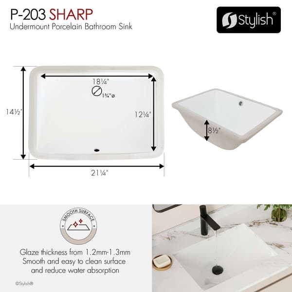 STYLISH 21x15 inch Porcelain Rectangular Undermount Vanity Sink with Overflow