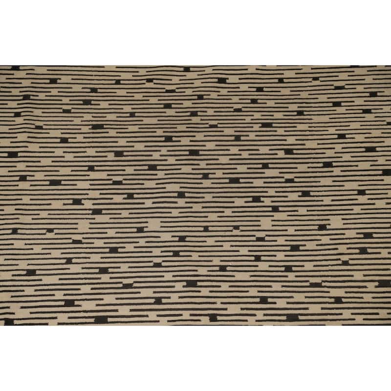 Beige Striped Nepalese Large Area Rug Handmade Wool Carpet - 10'1" x 13'9"