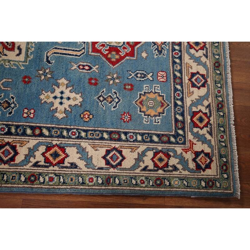 Blue Geometric Kazak Accent Rug Hand-Knotted Wool Carpet - 3'4" x 5'0"
