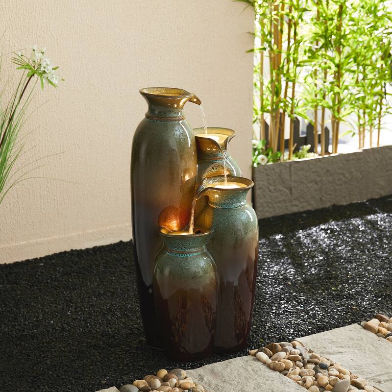 Glitzhome 30.75"H 4-Tiered LED Lighted Ceramic Vase Outdoor Floor Fountains