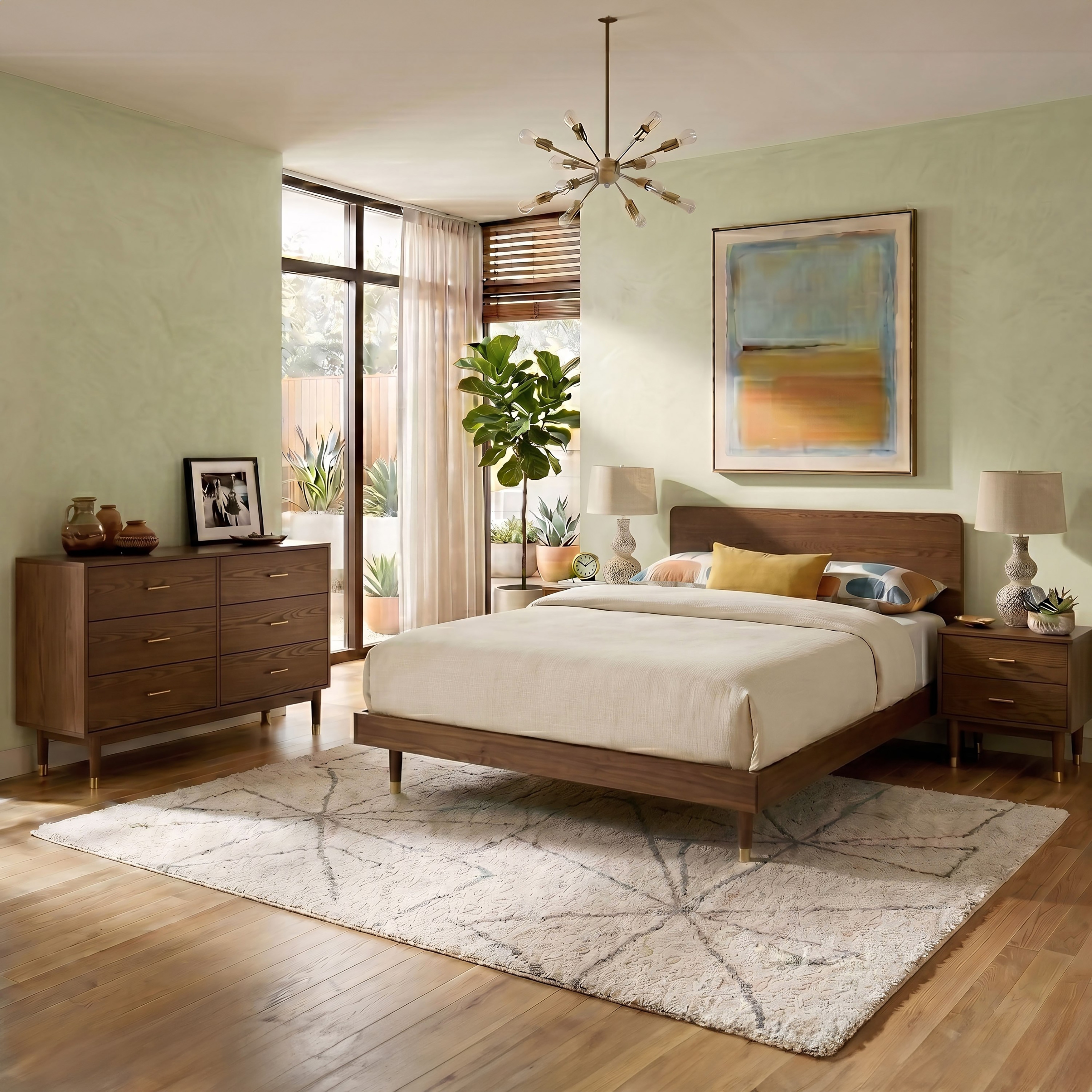 Furniture of America Korva Mid-Century Modern 4-Piece Walnut Wood Bedroom Set with Dresser and 2 Nightstands