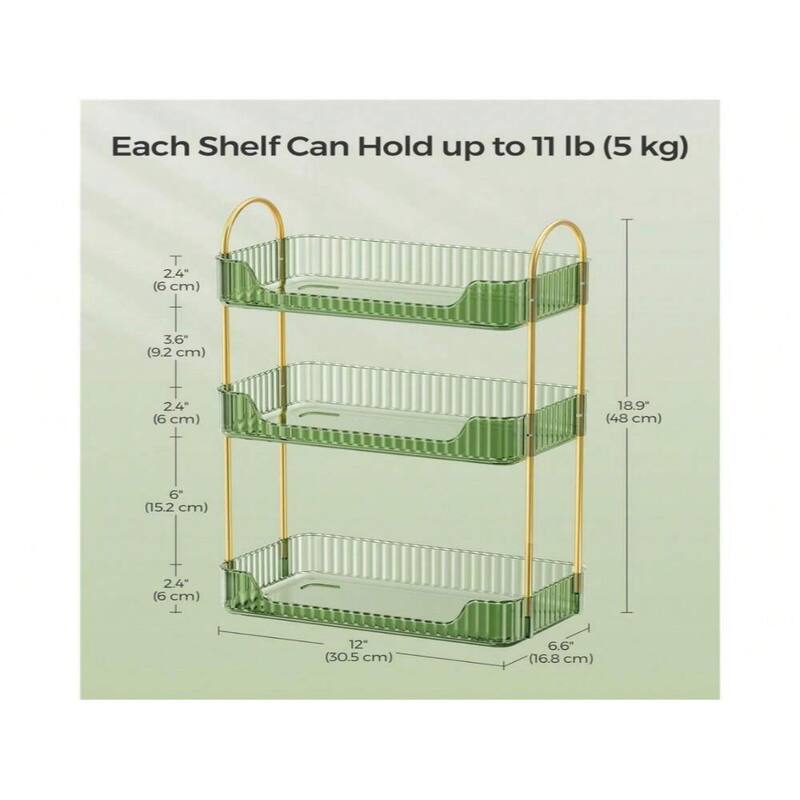 3-Tier Vertical Makeup Storage Organizer with Plated Metal Frame and Handle - 6.6”D x 12”W x 18.9”H
