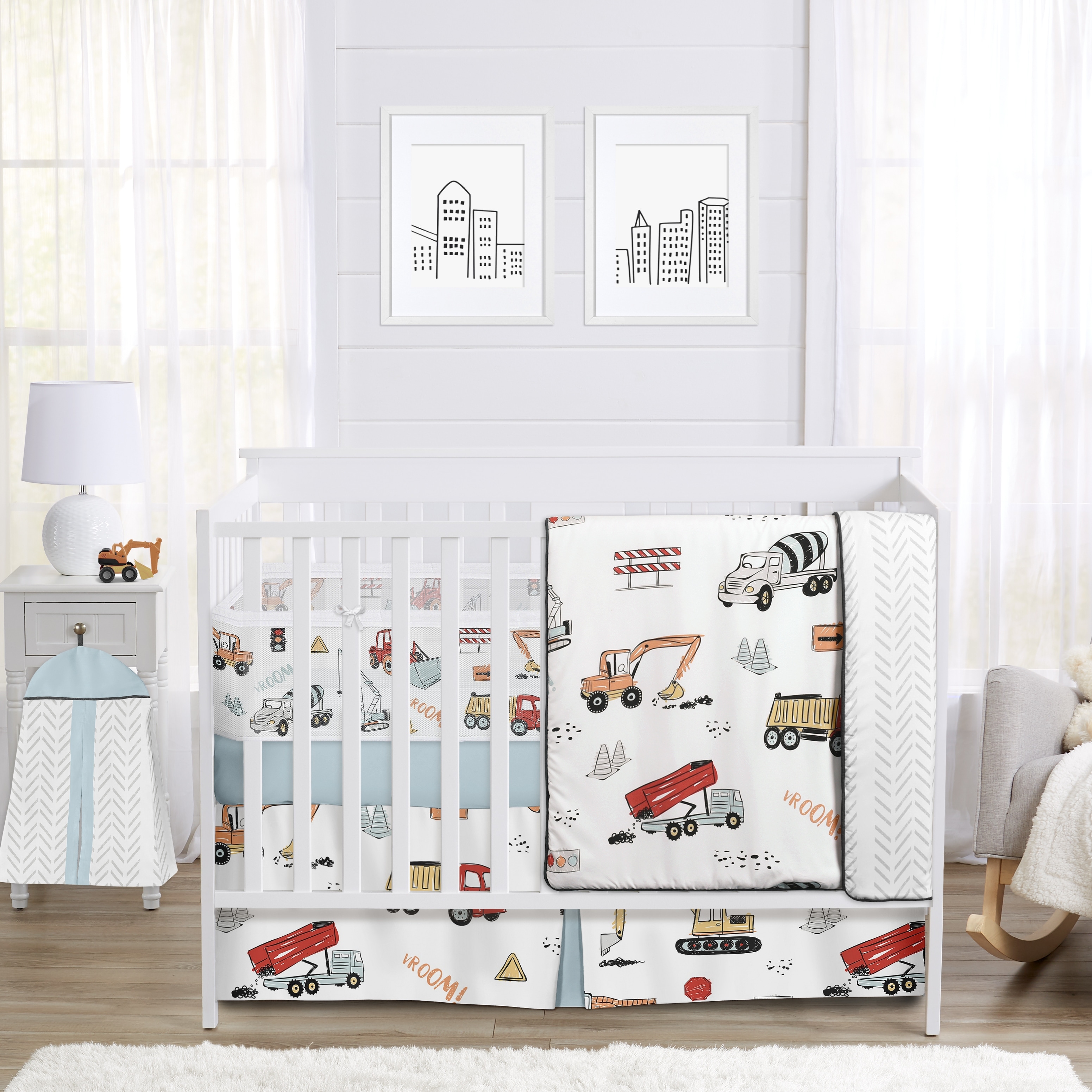 Red Blue Construction Truck Boy Sweet Jojo Designs 6p Crib Bedding + BreathableBaby Breathable Mesh Liner Chevron
