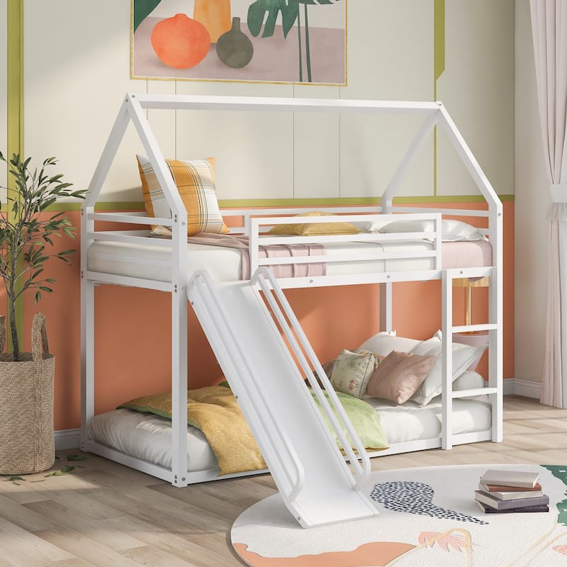 Twin over Twin House Bunk Bed with Ladder and Slide, White - White