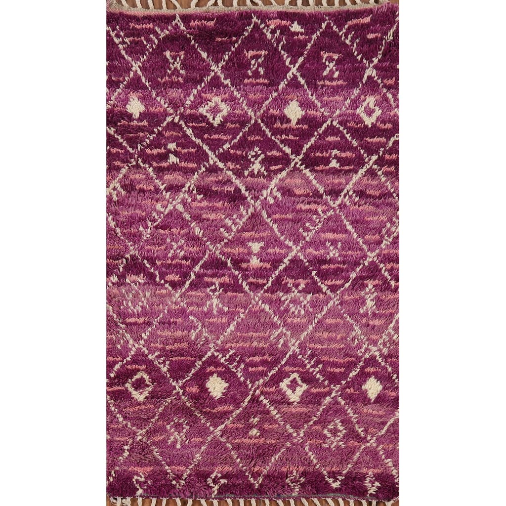 Purple Trellis Plush Moroccan Accent Rug Handmade Wool Carpet - 3'0" x 5'7"