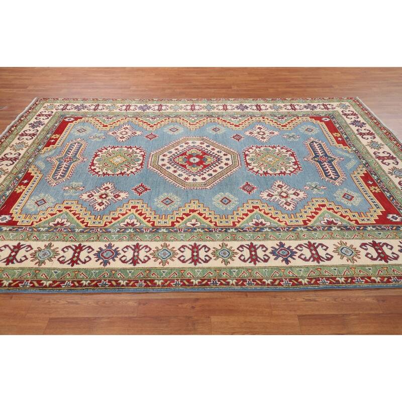 Blue Kazak Rug Hand-Knotted Traditional Oriental Wool Carpet - 6'9" x 9'8"