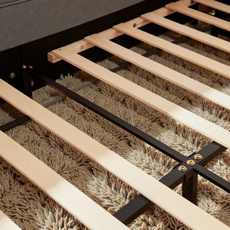 Full Size Upholstered Platform Bed with Rabbit Ear Headboard, Boucle Fabric Kids Bed with Safety Rail and Pocket