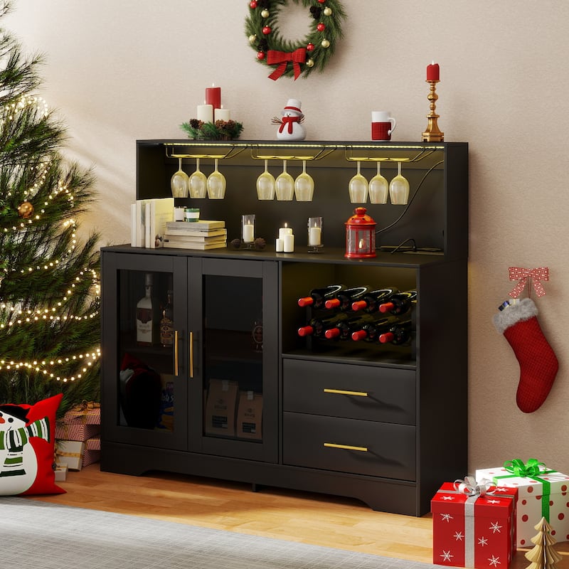 EROMMY Farmhouse Coffee Bar Cabinet with LED Lights, Sliding Barn Door, Wine Racks and Glass Holder, Home Liquor Cabinet