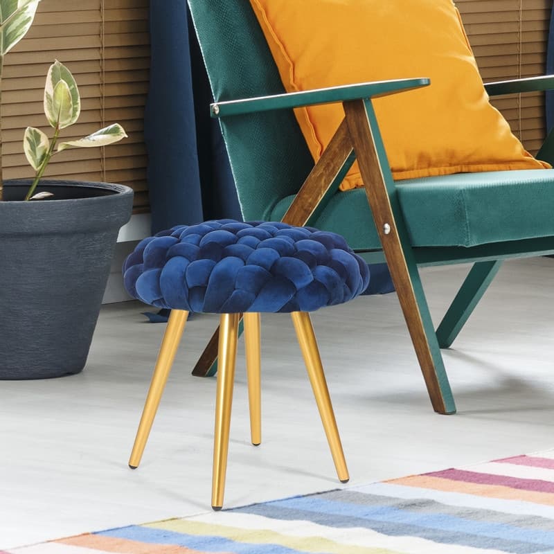 Adeco Round Velvet Ottoman Foot Rest Stool - Blue