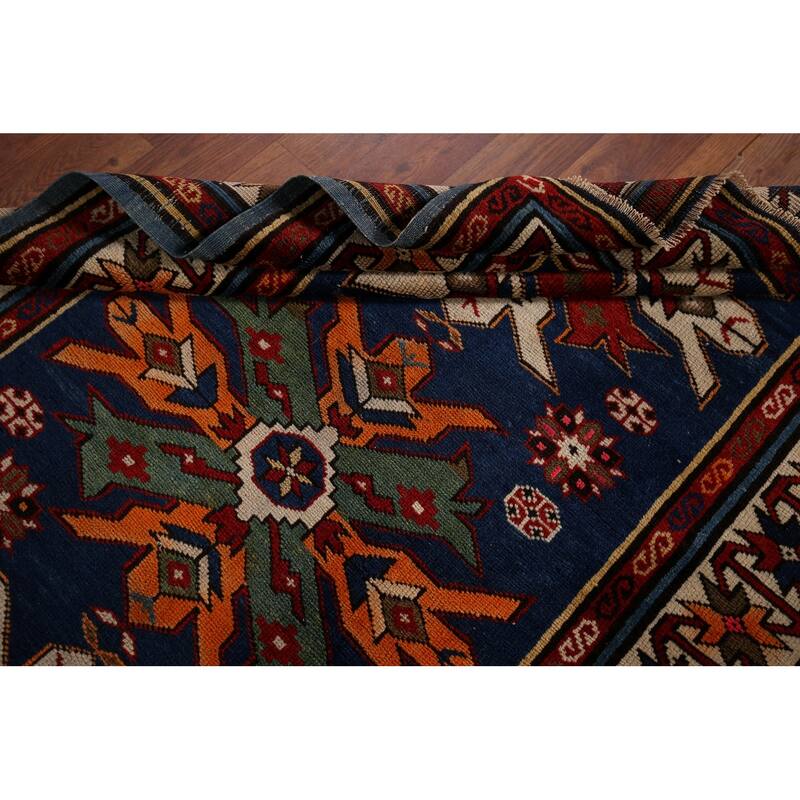 Navy Blue Geometric Kazak Vegetable Dye Wool Carpet - 3'5" x 5'2"