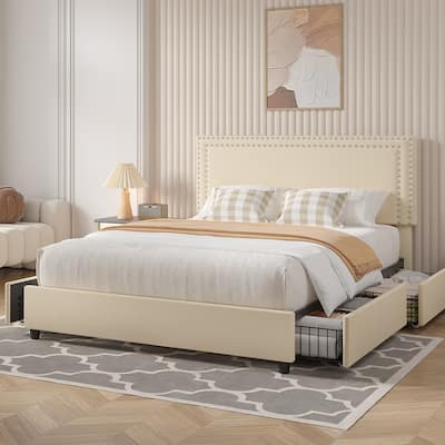 VECELO Upholstered Storage Bed Frames with 4 Storage Drawers, Platform Bed Frame with Adjustable Velvet Rivets Headboard