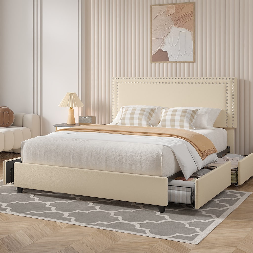 VECELO Upholstered Storage Bed Frames with 4 Storage Drawers, Platform Bed Frame with Adjustable Velvet Rivets Headboard