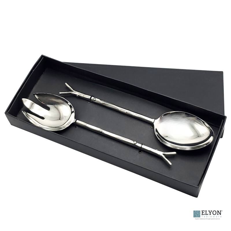 Elyon Hasanpur Reflective Silver Salad Serving Set Indian Artisan-Made Hostess Set Hand-Forged Stainless Steel 2 Pieces