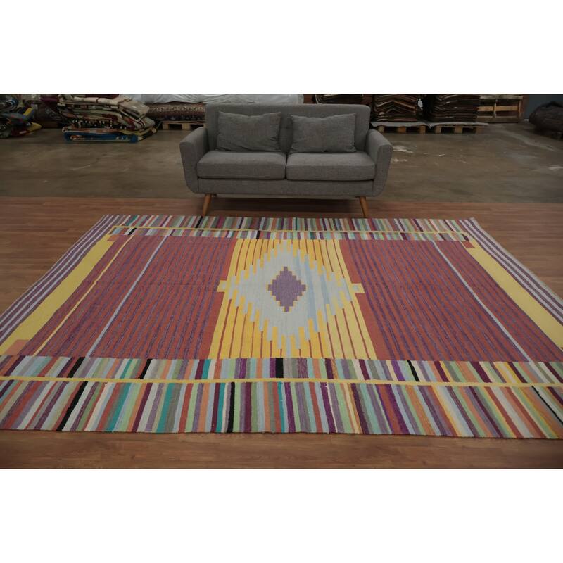 Hand Woven Oriental 100% Wool Carpet Southwestern Modern Oranges & Rust Kilim Area Rug - 10' 0'' X 8' 0''