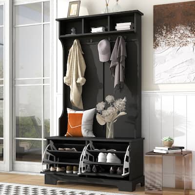 ON-TREND All in One Hall Tree with 3 Top Shelves and 2 Flip Shoe Storage Drawers