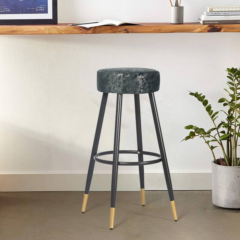 Adeco Modern Velvet Bar Stools Set of 2 Round Breakfast Footrest - 20.5"D x 20.5"W x 29.5"H.