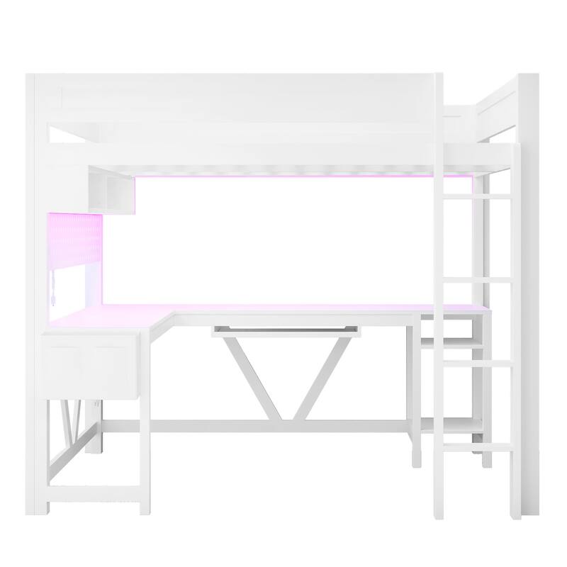 Full Size Gaming Loft Bed with Desk, LED Lights and Charging Station
