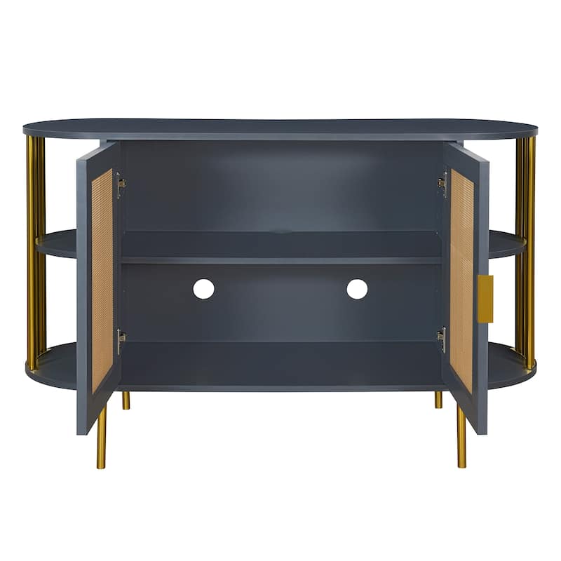 2-Door Storage Cabinet with Woven Rattan Doors, Buffet Sideboard with Gold Trim, Console Table with Curved Open Shelves