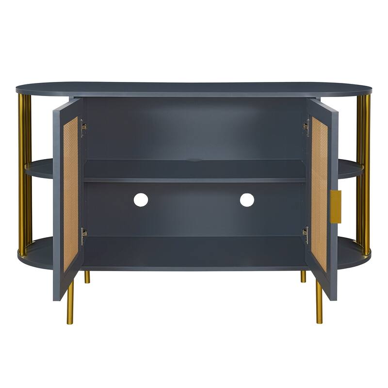 Curved Sideboard with Woven Rattan Doors and Open Storage - Dark Grey