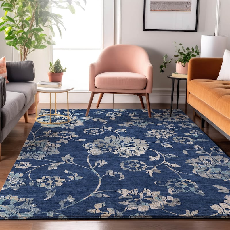 Premium Washable Super Soft Floral Whimsy Mayfield Rug - Navy - 5' x 7'6"