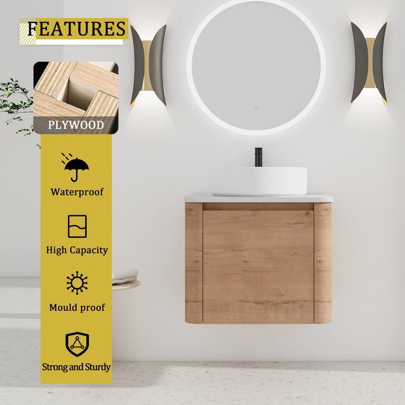 24'' Wall-Mounted Bathroom Vanity With Ceramic Art Sink & 1-Soft-Close Door,KD-Packing, Plywood