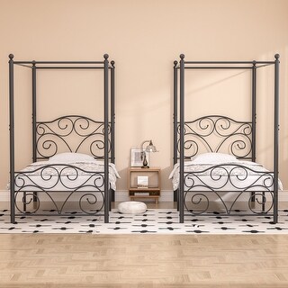 VECELO Kids Bed Metal Canopy Bed Frame Set of 2 Twin Size with Headboard, 4 Posters Platform Mattress Foundation