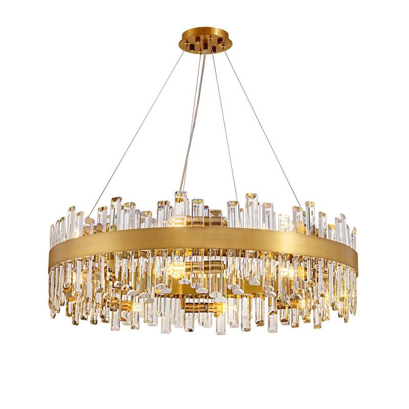 32 in. 2-Tier Modern Crystal Chandelier Brass Gold Round Crystal Raindrop Chandelier Contemporary Pendant Light for Dining Room