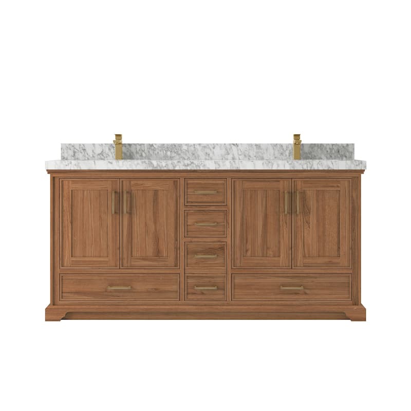 Willow Collections 72 in. W x 22 in. D Charlotte Teak Double Sink Bathroom Solid Teak Vanity with Countertop - 2”Carrara Marble - Dark Natural