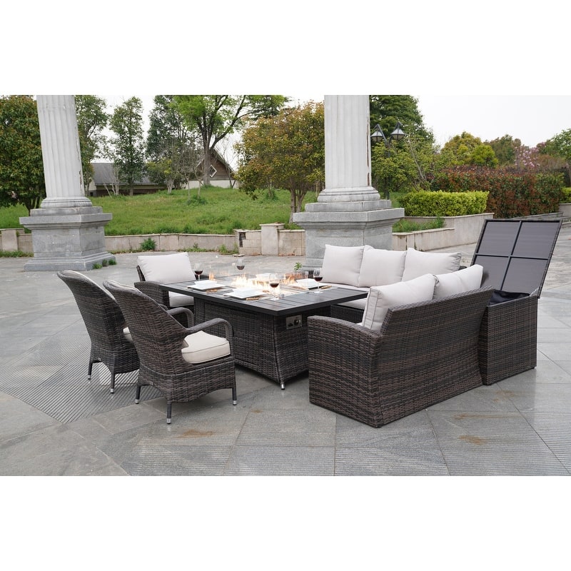 7-Piece Patio Rattan Sofa Set with Aluminum Dining Table and Armchairs