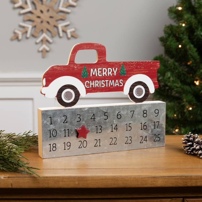Merry Christmas Truck Wooden Advent Calendar - 9" - Red