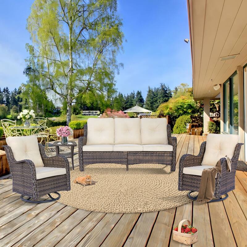 High Back 4-Piece Outdoor Wicker Patio Furniture Seating Sofa Set with Swivel Chairs - Beige-Brown Wicker