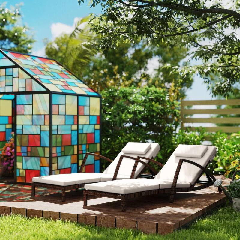 Wicker Chaise Lounge Set, Outdoor Recliners, Adjustable Back, Cushion