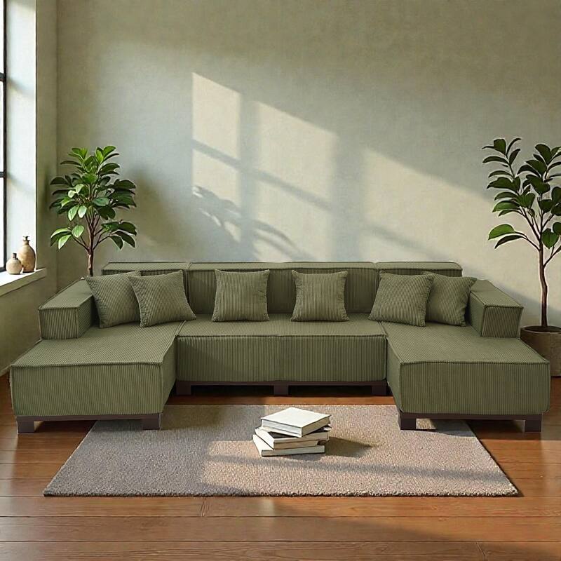 Modern 130" U-Shaped Sectional Sofa with RGB LED Lights, Corduroy Upholstery, 6 Pillows, Deep Seating Couch