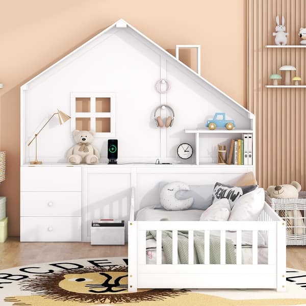 slide 2 of 11, Twin Size House Bed with Window and Bedside Drawers, Platform Bed with Shelves and a set of Sockets and USB Port, White White