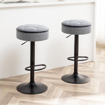 Adjustable Linen Bar Stools with Storage, Set of 2 Round Swivel Counter Height Stools, Modern Armless Bar Chairs for Kitchen