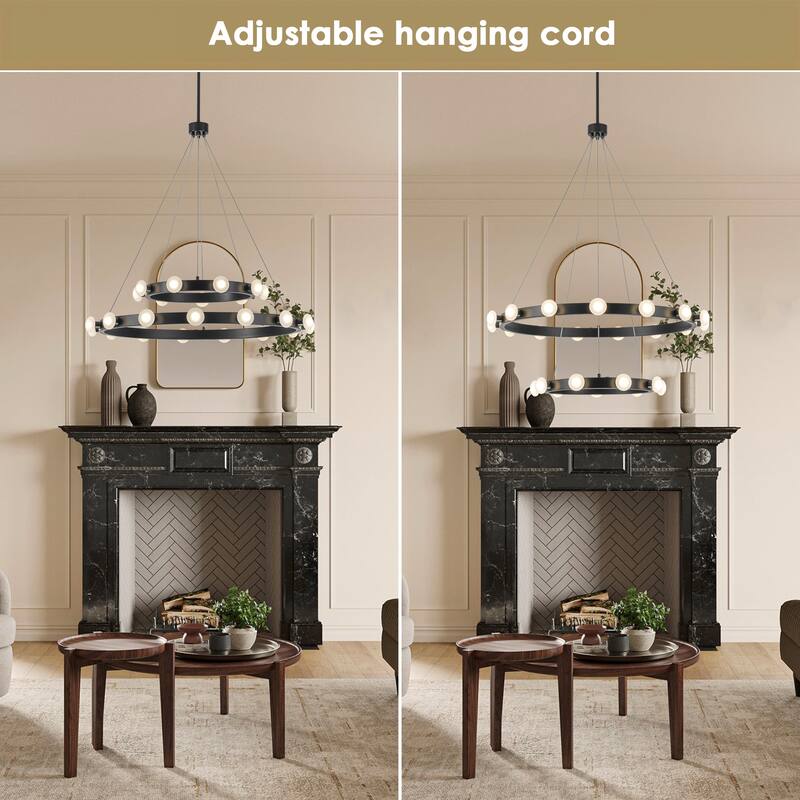15/24-Light Mid-Century Modern Black Integrated LED Large Wagon Wheel Chandelier for Dining Room/Living Room