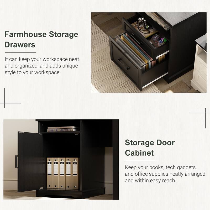 French Country L Shaped Desk with Charging Station, Office Computer Table with File Cabinet