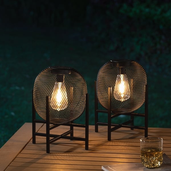 slide 2 of 26, Glitzhome Set of 2 Metal Black Solar Powered Outdoor Lantern with Stand