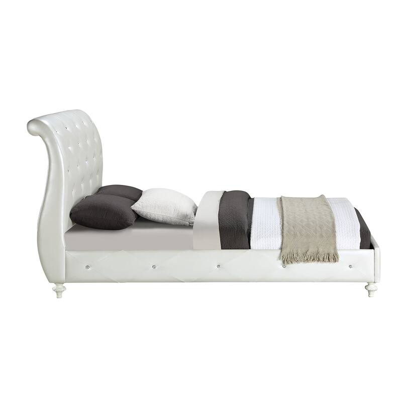 Faux Leather Upholstered Full Bed with Button Tufted in Pearl White