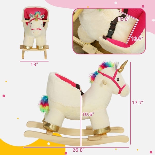 dimension image slide 0 of 2, Kids Rocking Horse, Ride on Unicorn with Realistic Sounds, Safety Belt & Wooden Base, Plush Animal Rocker - Cream White
