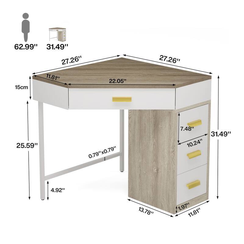 Corner Computer Desk with Drawers, Writing PC Makeup Vanity Storage Desk, Home Office Living Room Bedroom Accent Desk