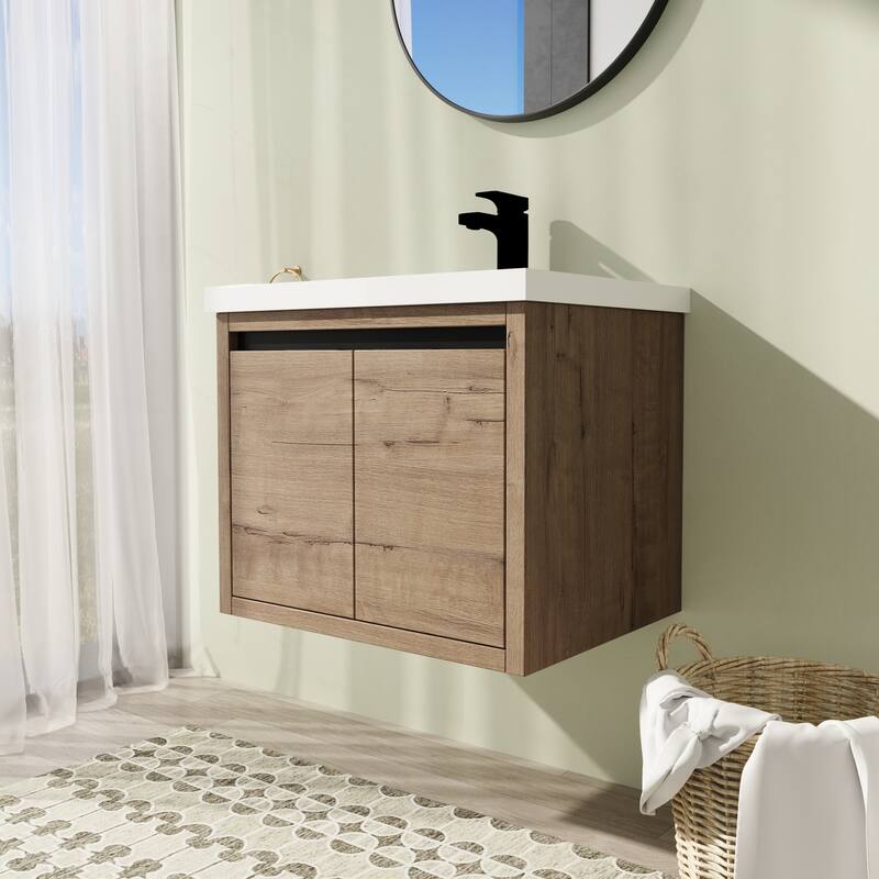 24" Floating Bathroom Vanity with Sink, Wall Mounted Bathroom Vanity with Soft Close Door - Brown