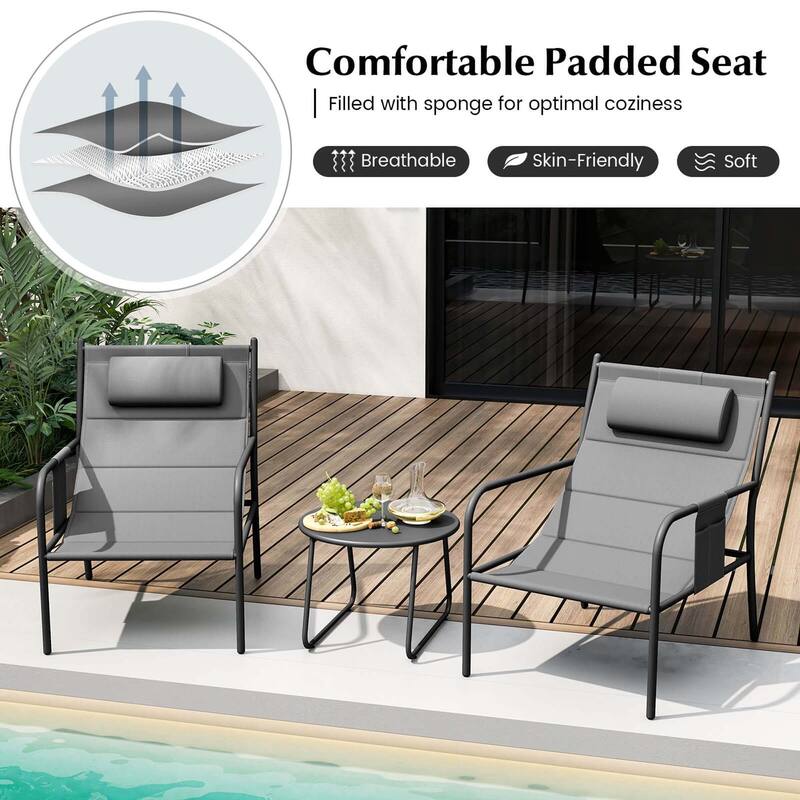 3PCS Patio Bistro Set Outdoor Set of 2 Metal Chairs w/Coffee Table